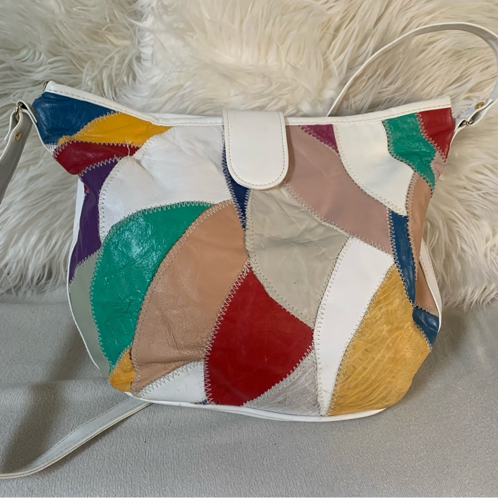 Vintage Multi-Colour Patchwork Suede & Leather White Crossbody Purse